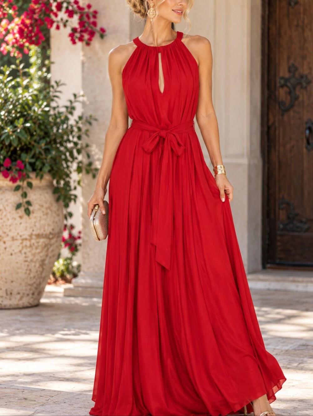 Antonio Melani Red Halter Neck Maxi Waist Tie Gown Prom Bridal Party Glam Sz 6